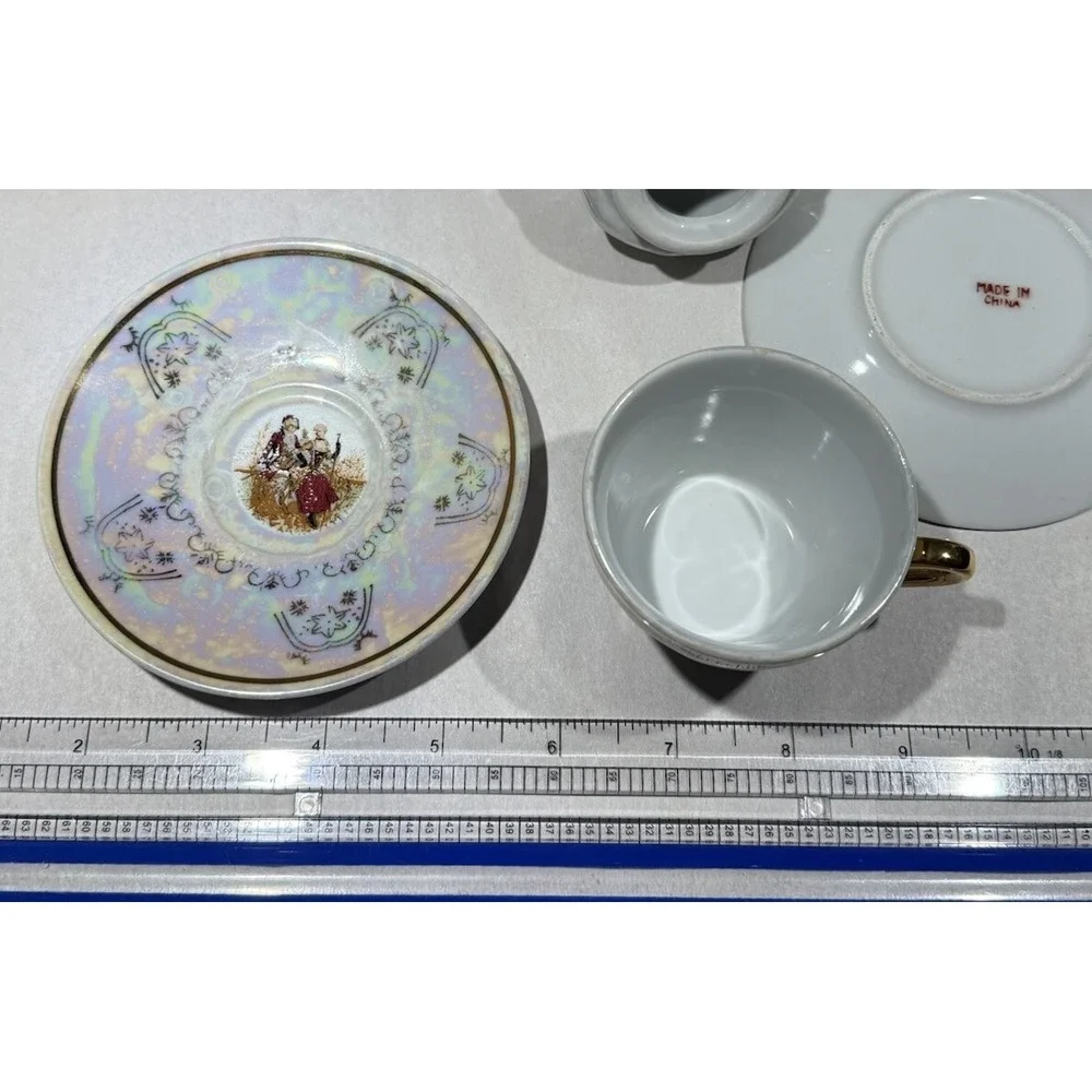 Romeo And Juliet Tea Pot 4 Tea Cups 4 Saucers Gold Trim Handles Iridescent White